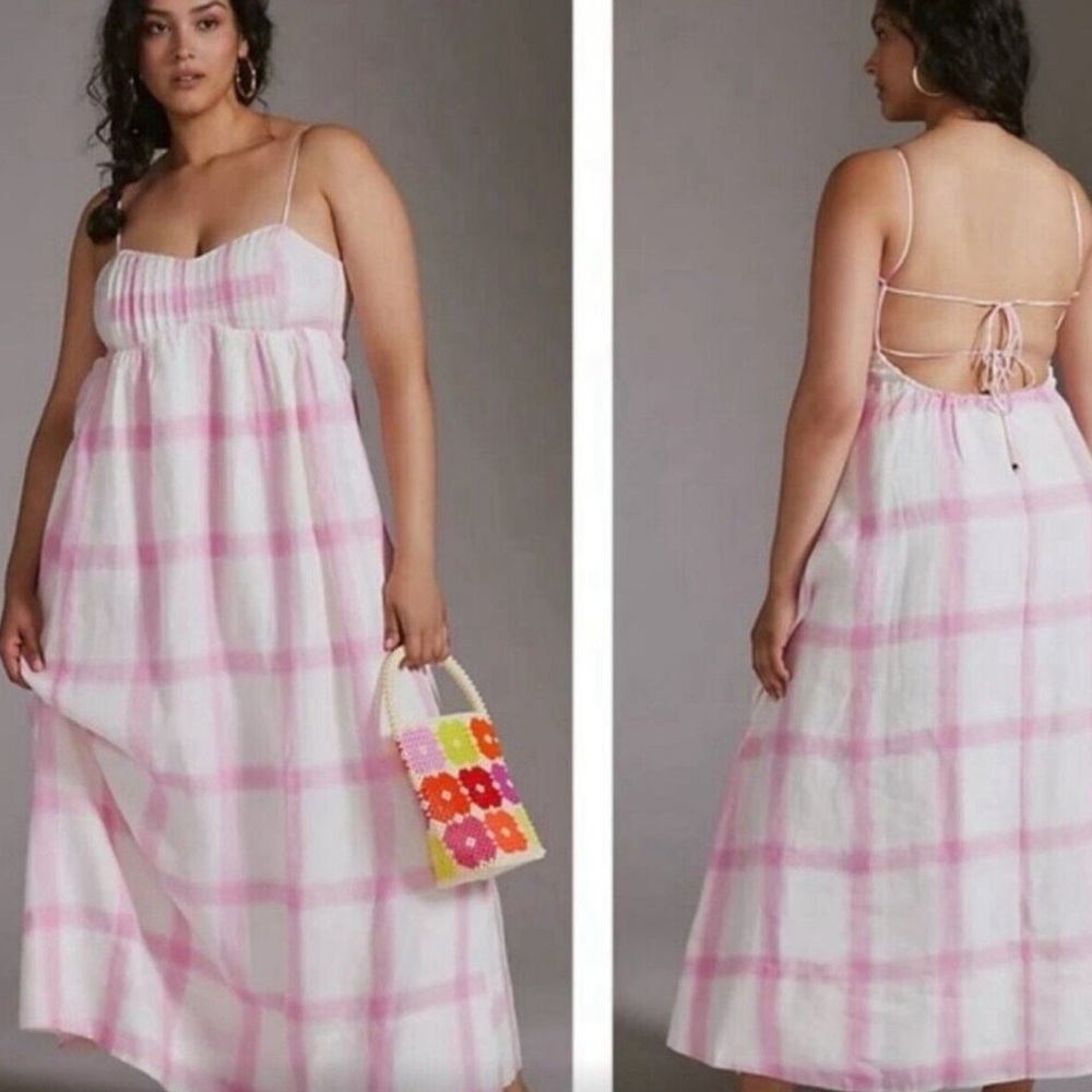 Anthropologie Maeve Linen Tie-Back Maxi Dress Sz XL Pink White Plaid Boho Summer